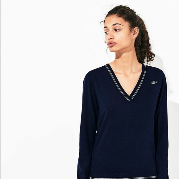 Lacoste Sport 🔥 Women’s V Neck Technical Wool Blend Sweater Navy Sz 38 Medium - Picture 1 of 8